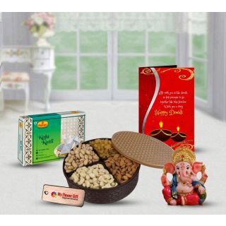 Assorted Dry fruits box, Kaju Katli sweets, greeting card with Ganesha idol