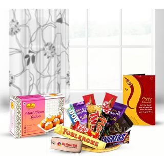 Motichoor Laddoo, Basket of assorted chocolates with Diwali greeting card 
