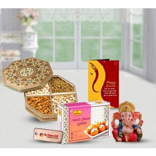 Motichoor Laddoo, Ganesha idol, Assorted Dry fruits with Diwali greeting card 