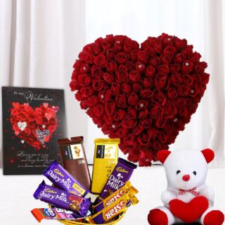 Heart shape arrangement of 40 red roses, basket of assorted chocolates, valentine day greeting card, 6 inch white teddy bear 