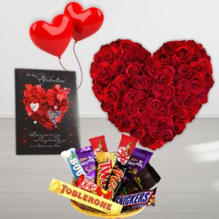 Heart shape arrangement of red 30 red roses, valentine day card, basket of assorted chocolates, 2 heart shape balloons 