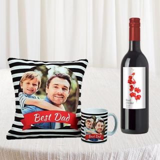 photo cushion, photo mug with bottle of wine 