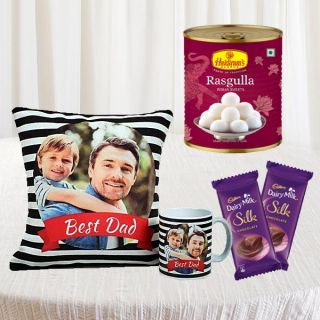 Photo cushion with photo mug, set of 2 dairy milk chocolates, 1 kg rasgulla  