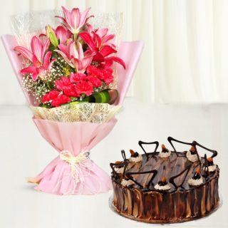 Pink lilies and red carnations bouquet with Irish chocolate cake 
