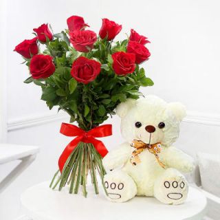 Bunch of 12 red roses with 6 inch teddy bear