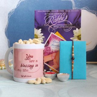 Rakhi , roli chawal with 150 grams cahsew arranged in photo mug with raksha bandhan greeting card 