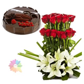 Red roses & white lilies arrangement with 1 kg chocolate truffle premium quality cake