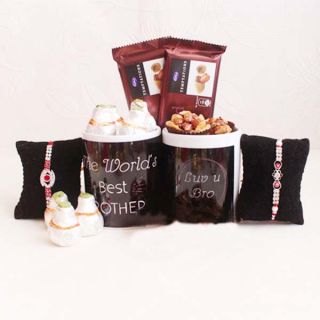 Set of 2 rakhi , 2 photo mug , 250 grams kaju roll, 250 grams almonds, 2 temptations chocolate 