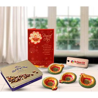 Diwali Diyas, Box of premium Dry fruits chocolates with Diwali greeting card 