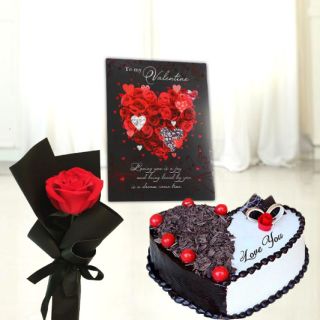 Single Red Rose with 1 kg premium quality heart shape black forest cake with valentine Greeting card 