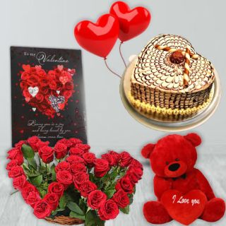 Twin heart shape arrangement of 30 red roses, 1 kg heart shape butterscotch cake,1 feet height red teddybear, 2 heart shape balloons valentine card 