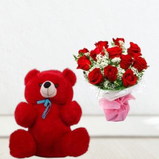 valentine 10 red roses bunch with 1feet height red teddybear