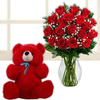 valentine 15 red roses in glass vase with 1 feet height red teddybear 