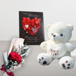 valentine Single Red Rose with 1 feet teddy bear with valentine day card