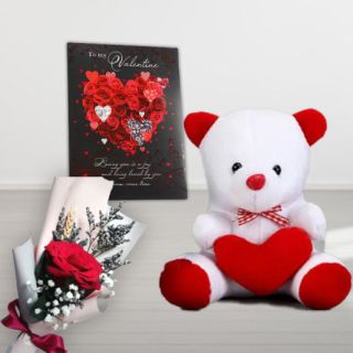 valentine Single Red Rose with valentine day card with 6 inch white teddybear 