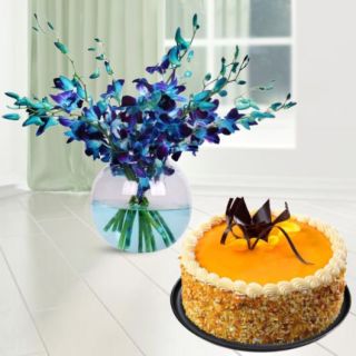 Vase Arrangement of 10 blue orchids with honey cool cake 