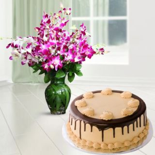 Vase Arrangement of 10 lavender orchids with chocolate cake 