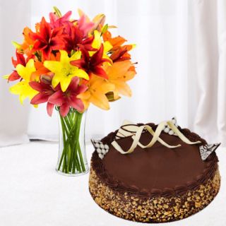 Vase arrangement of 10 mix colour lilies with chocolate walnut cake