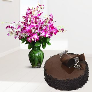 Vase arrangement of 10 purple orchids with chocolate cake 
