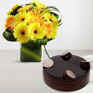 Vase arrangement of 10 yellow gerberas with double chocolate cake 
