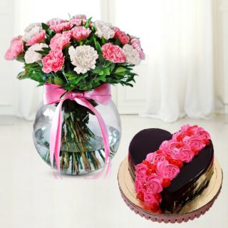 Vase arrangement of 12 mix carnations with chocolate floral theme cake 