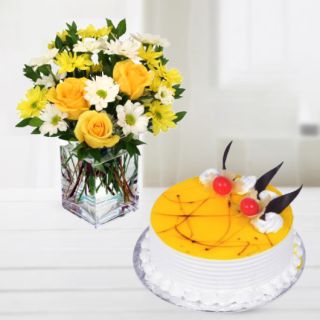 Vase arrangement of 12 mix flowers with pineapple cake 