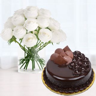 Vase arrangement of 12 white roses with premium quality chocolate cake 