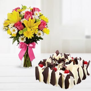 Vase arrangement of 15 mix flowers with white forest cool cake 