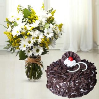 Vase arrangement of 15 white gerberas with black forest cool cake