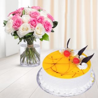 Vase arrangement of 20 pink and white roses with pineapple cake 