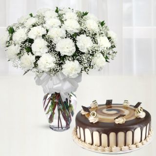 Vase arrangement of 20 white carnations with irish chocolate cake 