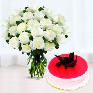 Vase arrangement of 20 white roses with strawberry cool cake