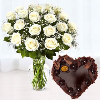 Vase arrangement of 20 white roses with heart shape chocolate cake 