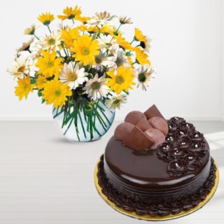 vase arrangement of 20 yellow and white gerberas with chocolate cool cake 