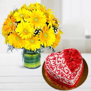 Vase arrangement of 20 yellow gerberas with heart shape fondant  red velvet designer floral theme cake 
