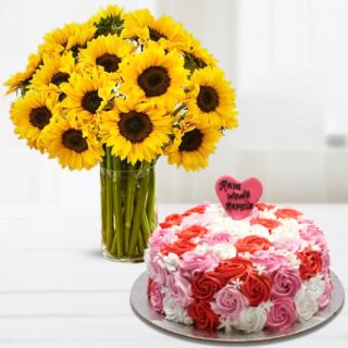 Vase Arrangement of 20 yellow gerberas with vanilla floral theme cake 