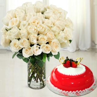 Vase arrangement of 25 white roses with strawberry cool cake