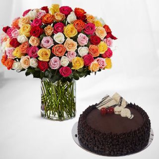 Vase arrangement of 50 mix roses with choco chip cool cake 