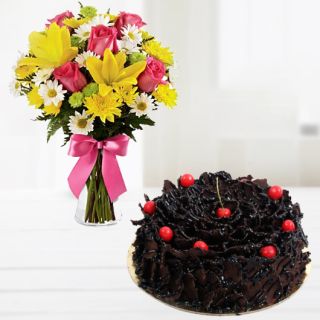 Vase arrangement of mix flowers with chocolate fantasy cake 