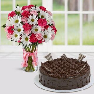 Vase arrangement of mix flowers with chocolate fantasy cake 