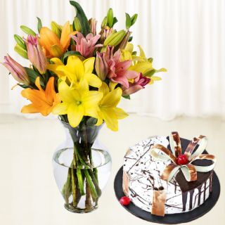 Vase arrangement of mix  lilies with choco vanilla cool cake 