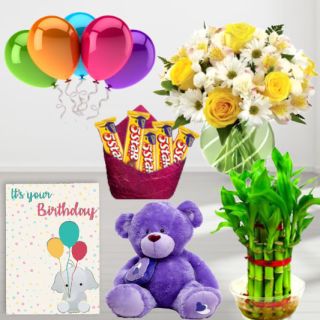 Vase arrangement of roses and daisies, pack of 5 fivestar , 6 inch height teddybear, 2 layer Lucky bamboo plant ,5 blown balloons with birthday greeting card