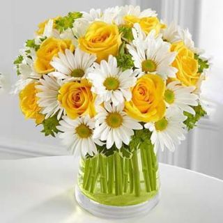Vase Arrangement of 20 white gerberas with 15 yellow roses 