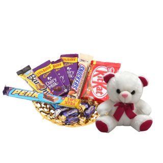 Basket Arrangement Of Cute Teddy Bear With Assorted Chocolates