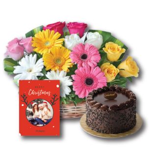 Basket Of Assorted Mix Flowers With 1 Kg Chocolate Cake With Christmas Greeting Card